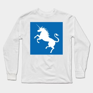 White Coloured Rearing Scottish Unicorn On Saltire Blue Background Long Sleeve T-Shirt